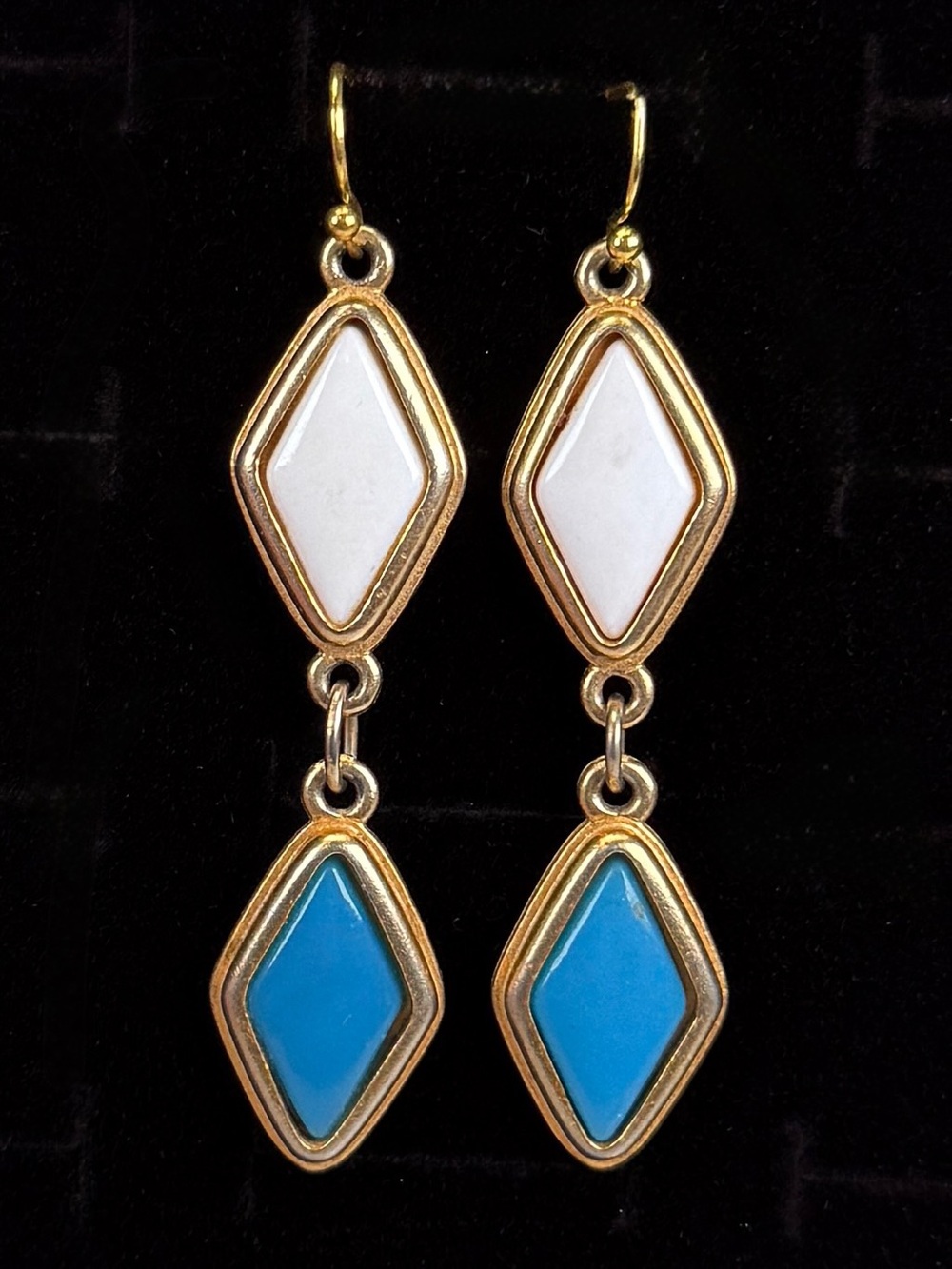Elegant Aged Goldton and Blue Dangle Pierced Earrings